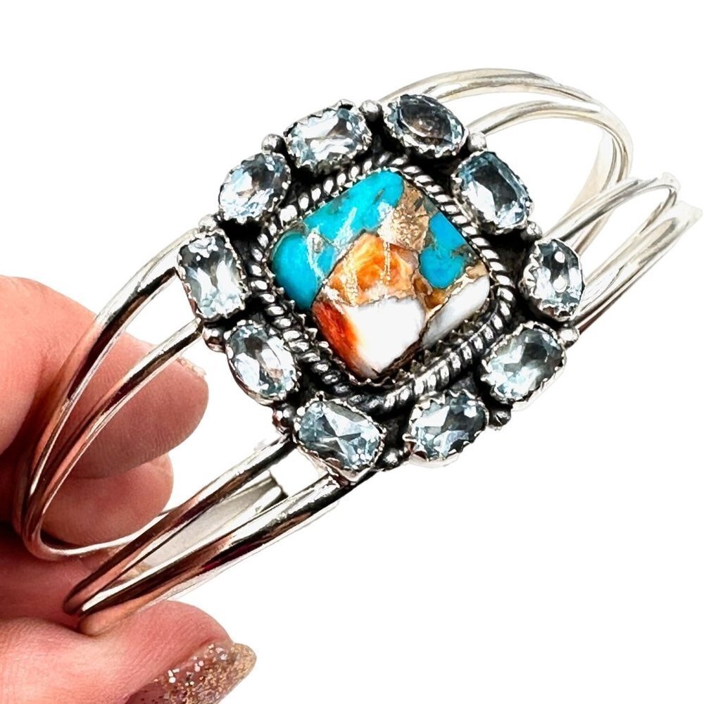 Spiny Oyster & Aquamarine Sterling Silver 7 1/4" Cuff Bracelet 54 Grams